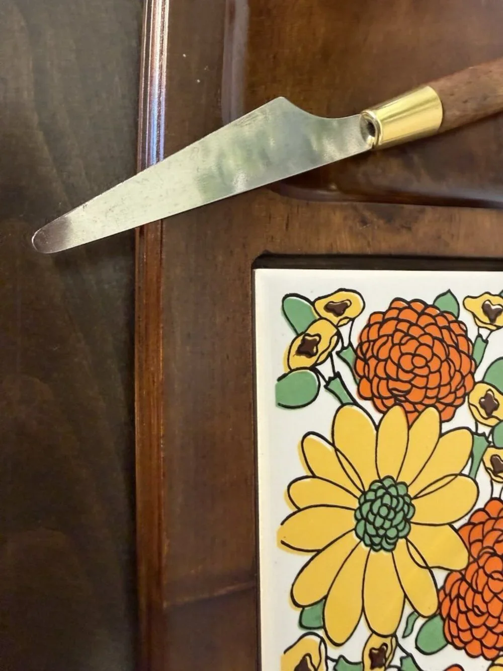 Vintage Gail Craft Wooden Cheese Board  Floral Center Trivet and Knife 1970's
